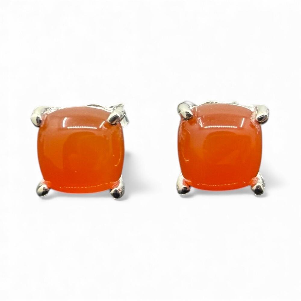 Natural Carnelian Cabochon Stud Earrings 925 Sterling Silver Handmade